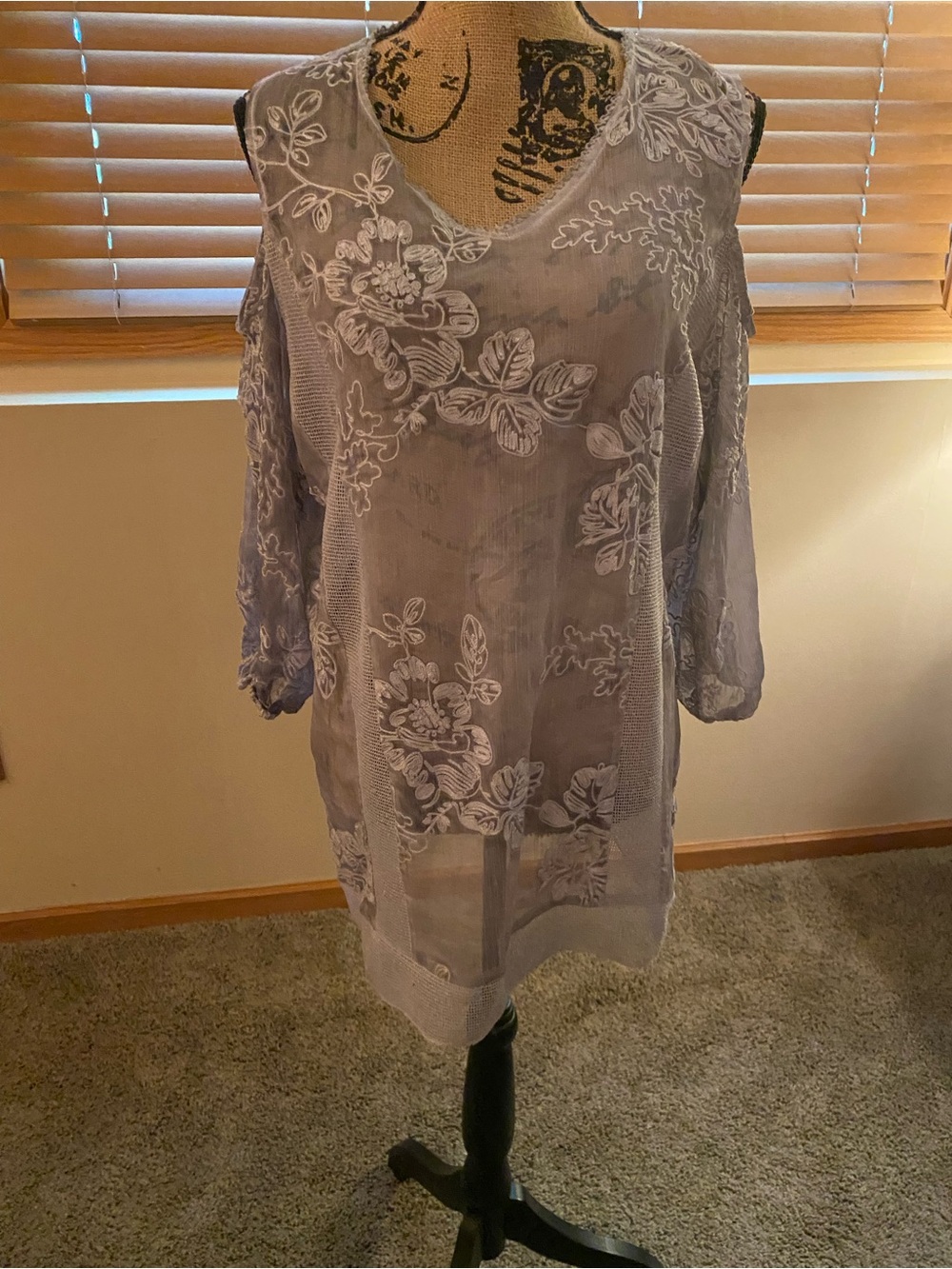Sheer blue/gray Cold-Shoulder Embroidered Blouse
